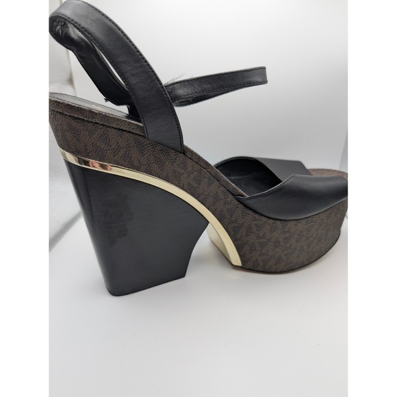 Michael Kors Womens Black Leather MK Signature Platform Wedge Sandals Size 8.5 - Picture 9 of 11